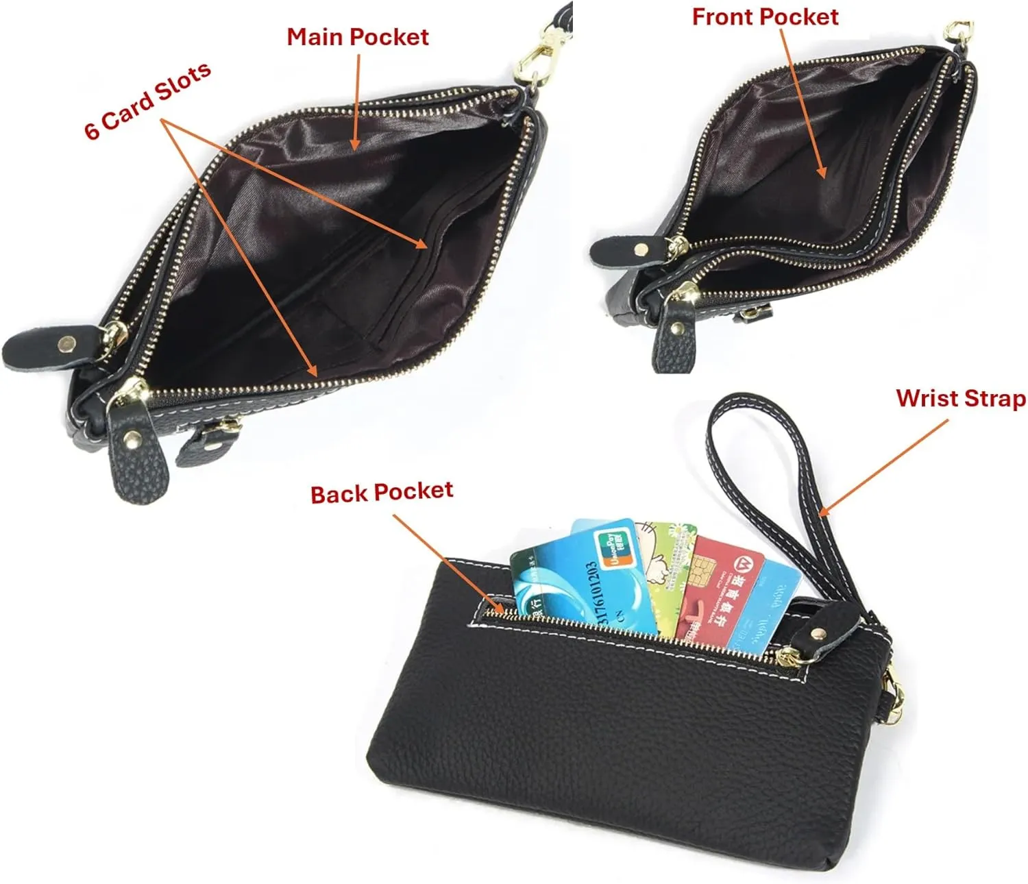Women Genuine Real Leather Wristlet Wallet Clutch. 3 Zipped Pockets, 6 Credit Card Slots Case Coin Purse (Dark Blue)