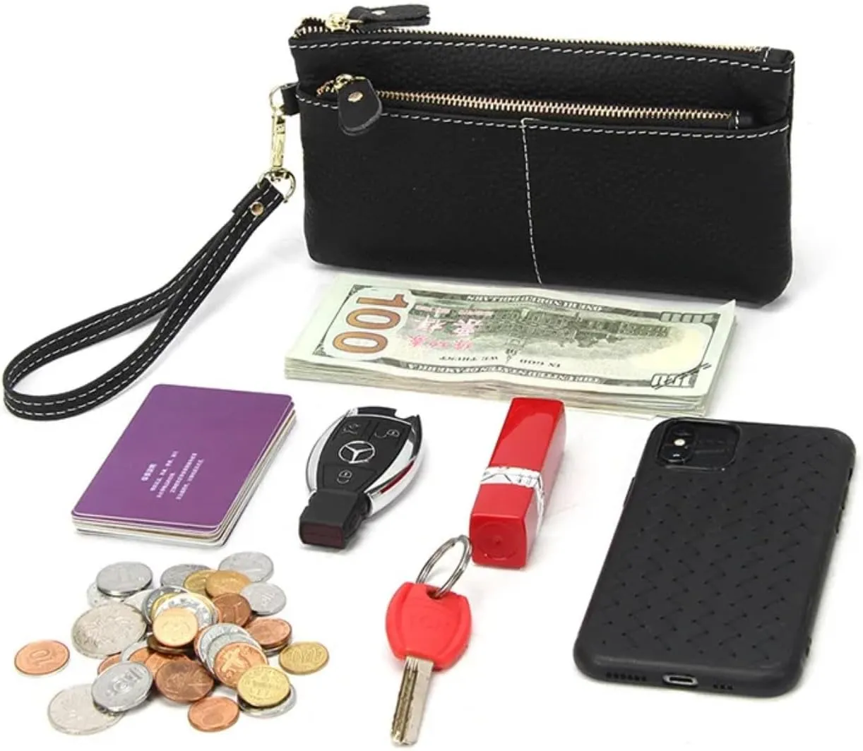 Women Genuine Real Leather Wristlet Wallet Clutch. 3 Zipped Pockets, 6 Credit Card Slots Case Coin Purse (Dark Blue)