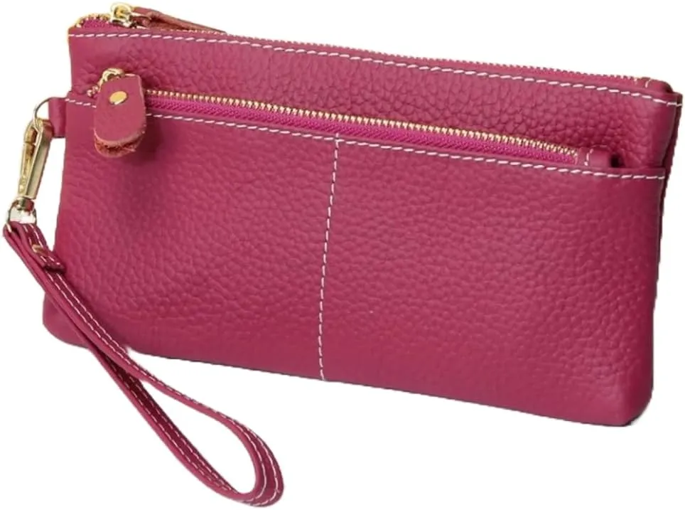 Women Genuine Real Leather Wristlet Wallet Clutch. 3 Zipped Pockets, 6 Credit Card Slots Case Coin Purse (Fuchsia)
