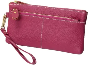 Women Genuine Real Leather Wristlet Wallet Clutch. 3 Zipped Pockets, 6 Credit Card Slots Case Coin Purse (Fuchsia)