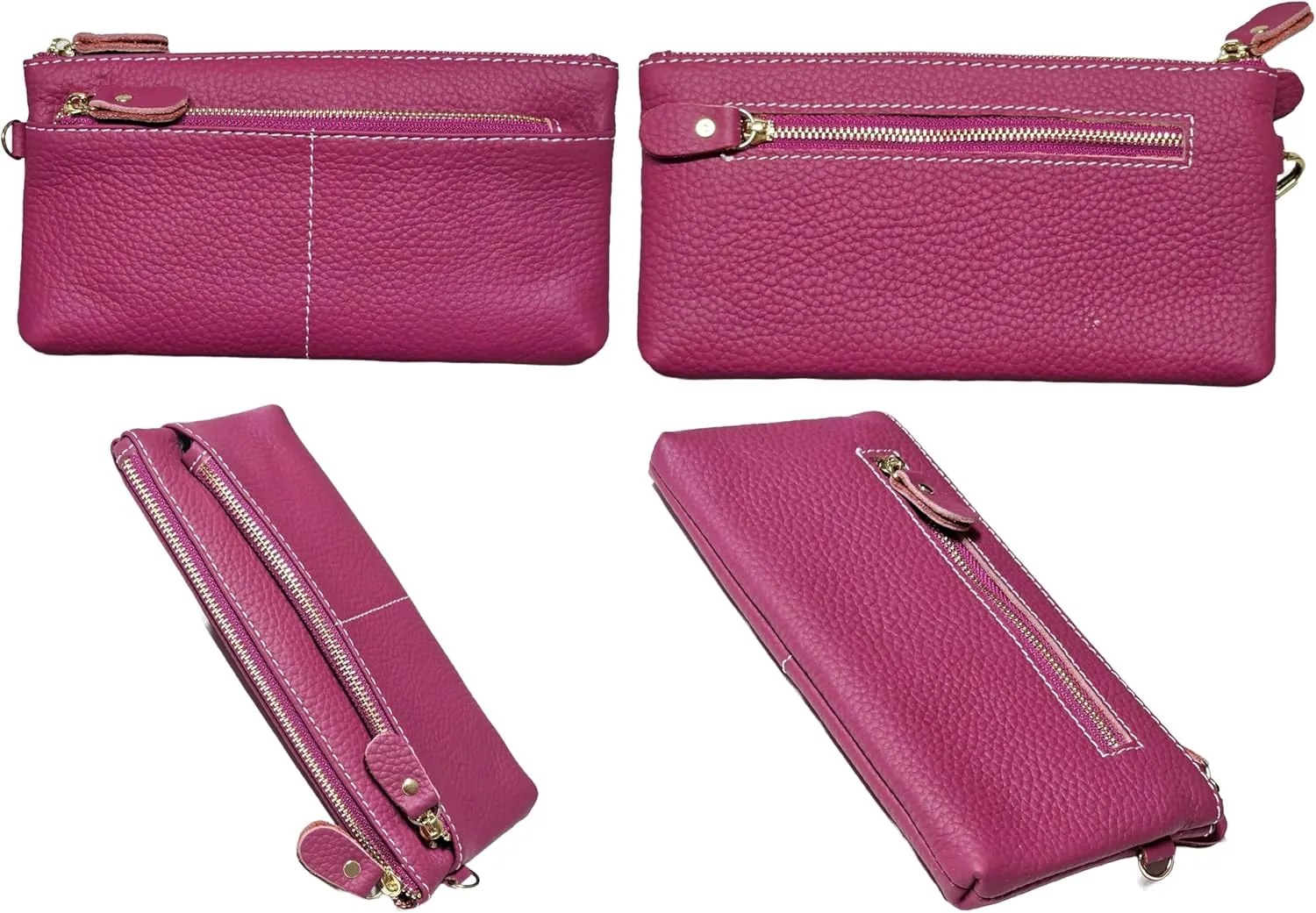 Women Genuine Real Leather Wristlet Wallet Clutch. 3 Zipped Pockets, 6 Credit Card Slots Case Coin Purse (Fuchsia)