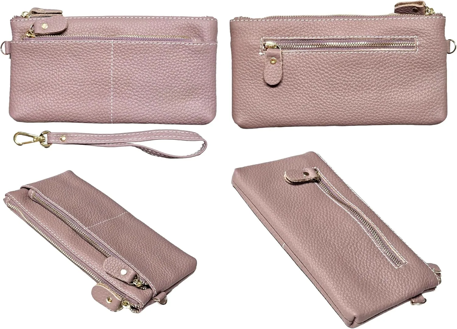 Women Genuine Real Leather Wristlet Wallet Clutch. 3 Zipped Pockets, 6 Credit Card Slots Case Coin Purse (Mauve)