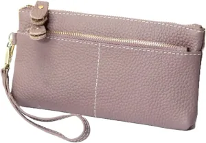 Women Genuine Real Leather Wristlet Wallet Clutch. 3 Zipped Pockets, 6 Credit Card Slots Case Coin Purse (Mauve)
