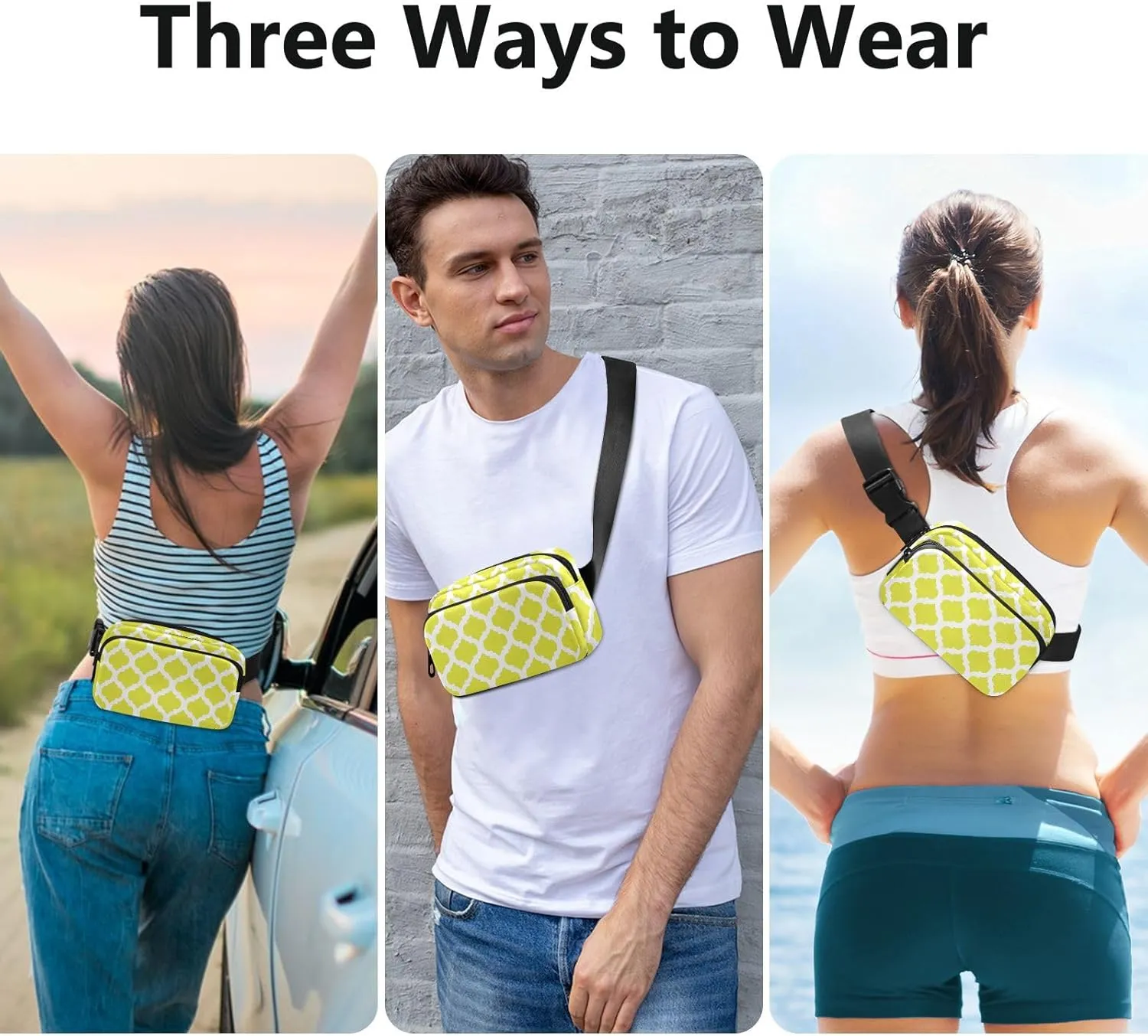 Yellow Moroccan Fanny Packs for Women Belt Bag Crossbody Bag Waterproof Fanny Pack Small Sling Bags Fashion Waist Packs Cross Body Bag for Hiking Running Traveling Men Sports