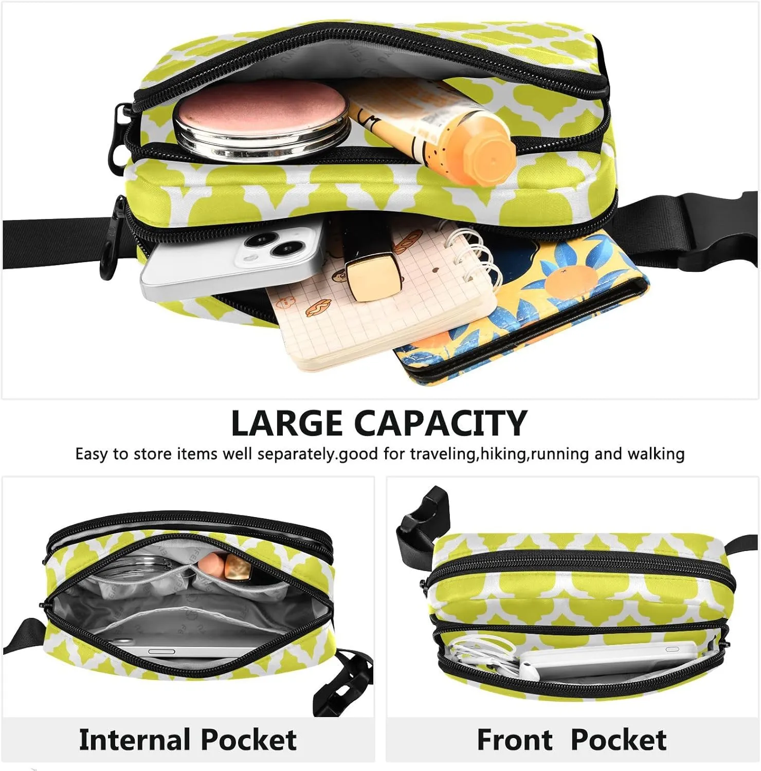 Yellow Moroccan Fanny Packs for Women Belt Bag Crossbody Bag Waterproof Fanny Pack Small Sling Bags Fashion Waist Packs Cross Body Bag for Hiking Running Traveling Men Sports