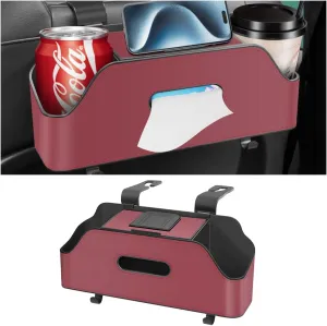 zipelo Car Headrest Backseat Organizer with Cup Holder, Multi-Functional Vehicle Seat Back Hanging Storage Box with Hooks, Auto Drink Snack Phone Tray Travel Accessories for Kids Adults (Wine Red)