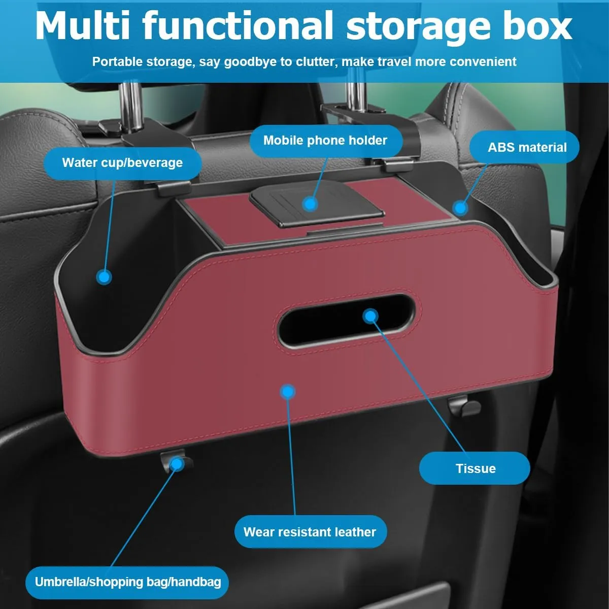 zipelo Car Headrest Backseat Organizer with Cup Holder, Multi-Functional Vehicle Seat Back Hanging Storage Box with Hooks, Auto Drink Snack Phone Tray Travel Accessories for Kids Adults (Wine Red)